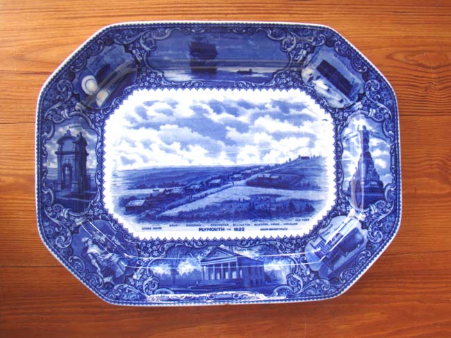 A beautiful blue transfer serving platter made in 1908 commemorating the Pilgrims, the Mayflower and the town of Plymouth, Massachusetts